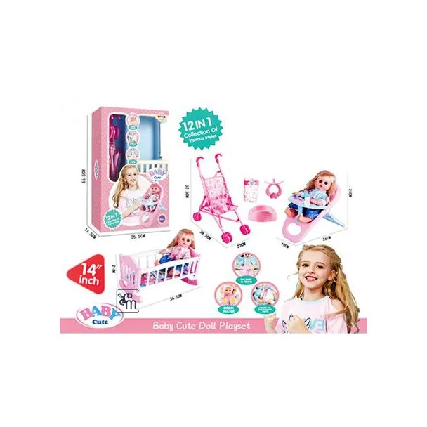 Baby Doll Playset with Crib, Stroller & Accessories – 14 Inch Set – L012-15  